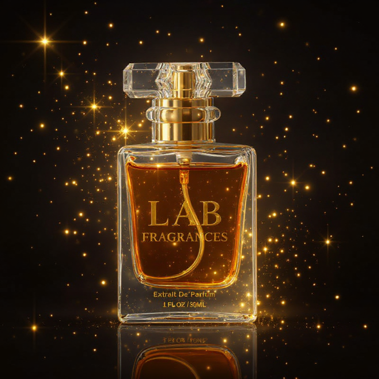 LAB Fragrances Extrait de Parfum bottle glowing amber against a dark background with gold sparkles, representing rich woody amber scents