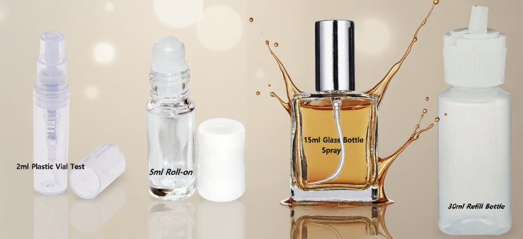 Lineup of LAB Fragrances sample vial, roll-on body oil and spray bottles showing the sizes available for each perfume
