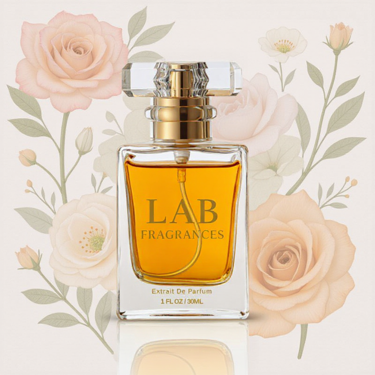 Amber Extrait de Parfum bottle with the LAB Fragrances label beside cream roses, matching the amber floral character of BR 540